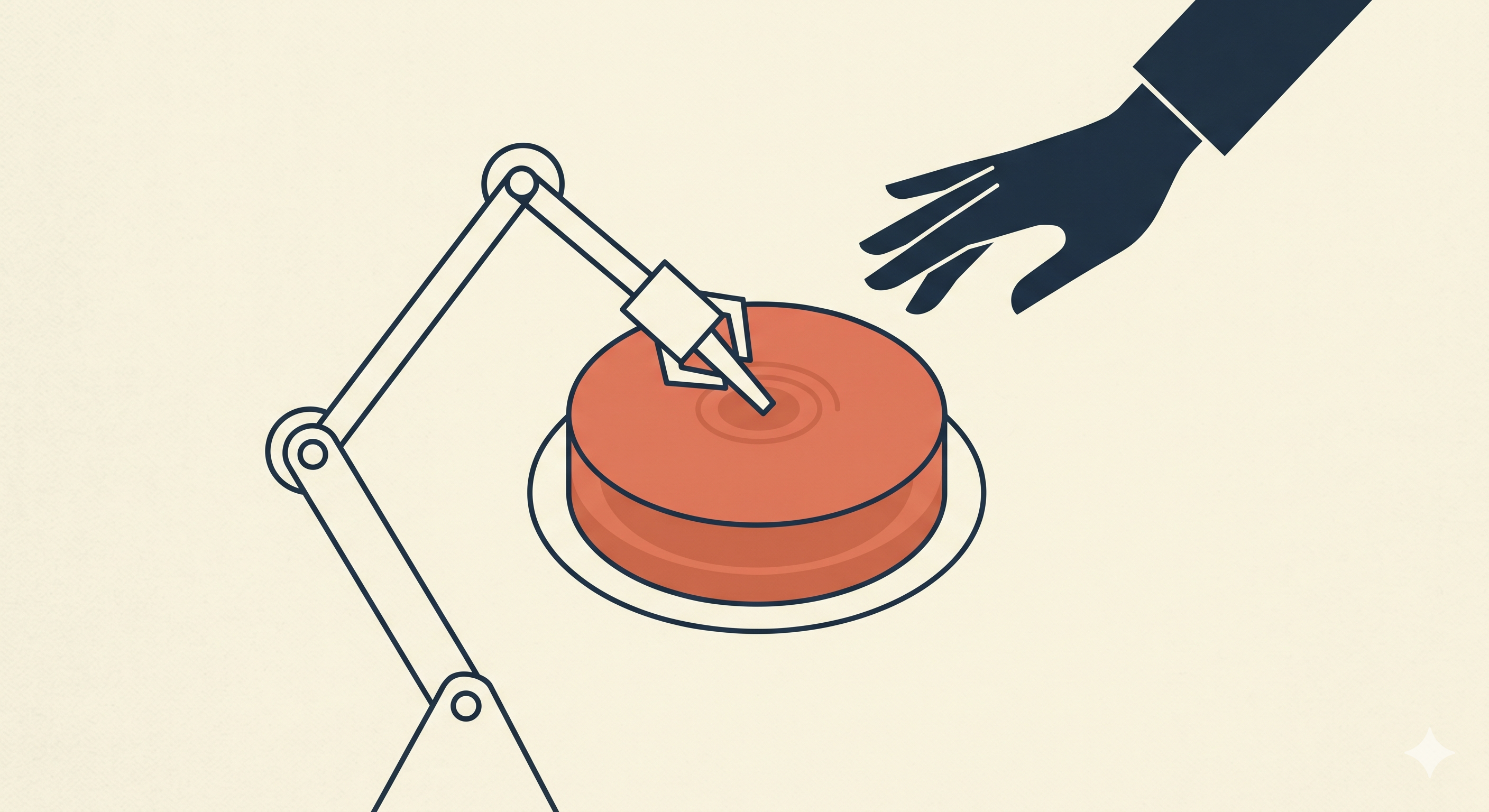 A small robotic arm reaches up and presses a button while a disembodied human hand hovers nearby — the button has already been pressed.